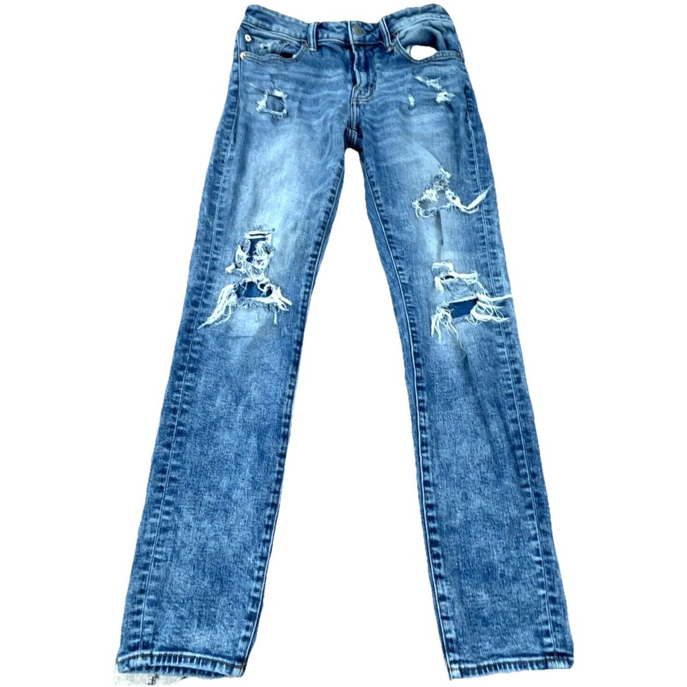 American Eagle Jeans Men 29x32 Skinny Fit Straight Leg Holes Airflex Med Wash